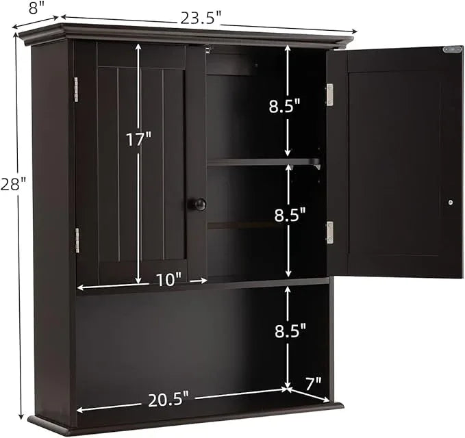 COSTWAY Wall Mounted Bathroom Cabinet, Over The Toilet Storage Cabinet w/Double Doors & Adjustable Shelf, Wood Hanging Medicine Cabinet for Living Room, Entryway, Kitchen (Brown) - ModernBath