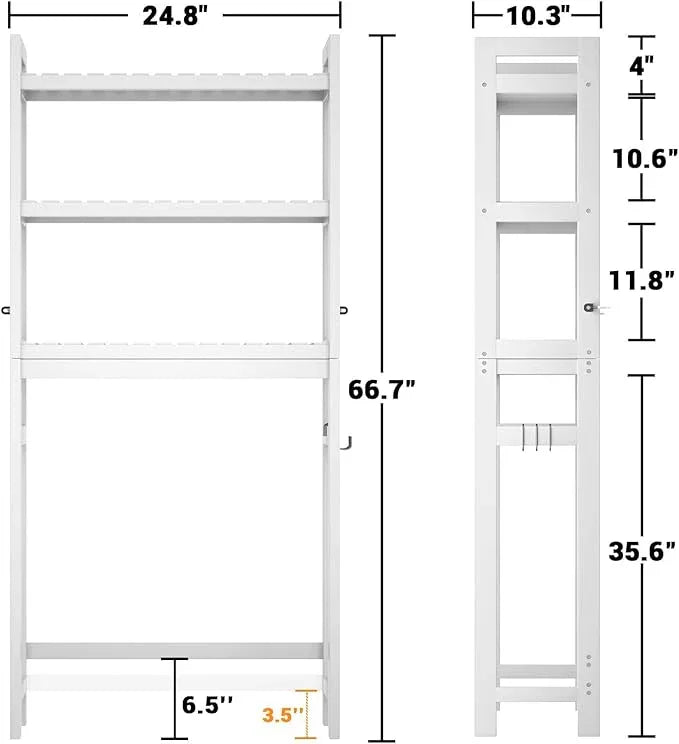 Homykic Over The Toilet Storage, Bamboo Over Toilet Bathroom Organizer Rack, Freestanding Bathroom Shelves Above Toilet Storage with 3 Hooks, Bathroom Space Saver, No Rust, Easy to Assemble, White - ModernBath