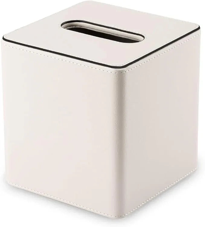 KINGFOM Leather Tissue Box Cover – Square Modern PU Leather Tissue Holder, Cube Tissue Dispenser for Home, Office, Bedroom, Bathroom – Elegant Minimalist Style (Ivory White-Square) - ModernBath