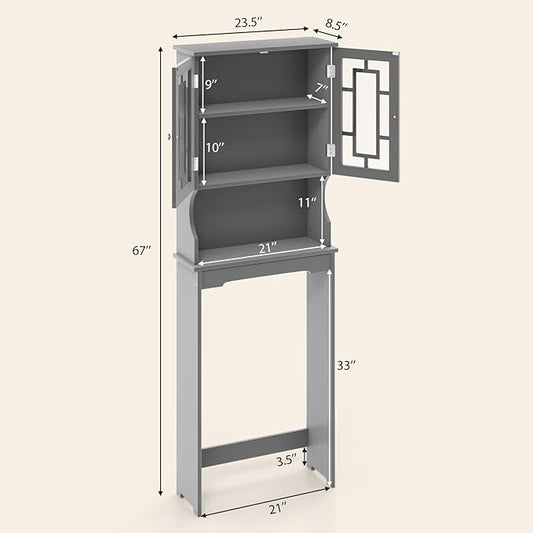 BestComfort Wooden Over The Toilet Storage Cabinet, Home Bathroom Space Saver, Double Doors, Adjustable Shelf Organizer, Open Storage Shelf, Freestanding Toilet Storage Rack Unit (Gray), Grey