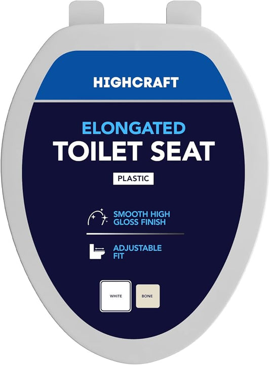 HIGHCRAFT Premium Elongated Toilet Seat with Adjustable Hinges - Molded Plastic Toilet Seat - Fits Standard Elongated Toilets - Oval Seat in White