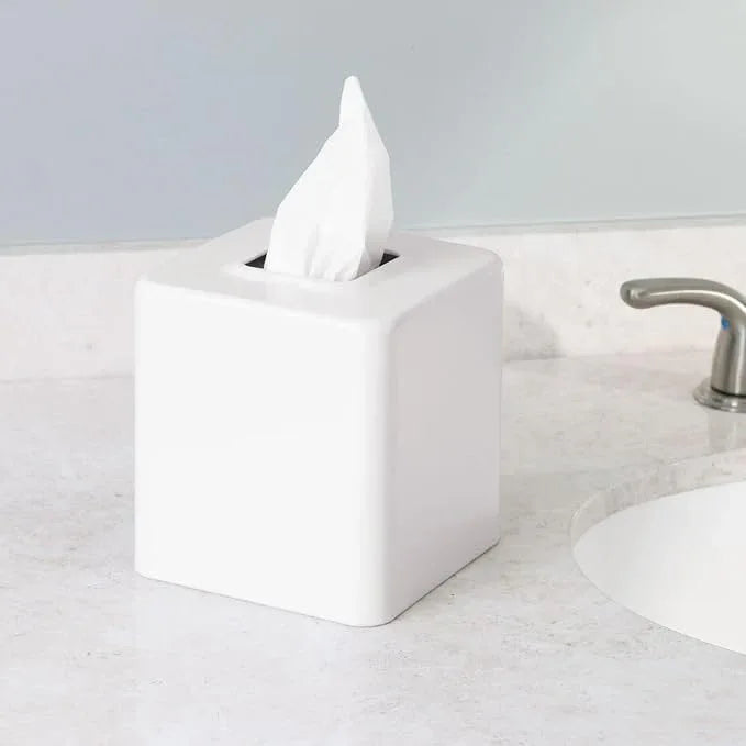 mDesign Steel Square Tissue Box Cover, Modern Facial Paper Holder for Bathroom Vanity Countertop, Bedroom Dresser, Night Stand, Desk, Office and End Table - Unity Collection - White - ModernBath