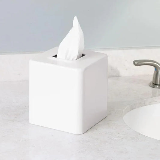 mDesign Steel Square Tissue Box Cover, Modern Facial Paper Holder for Bathroom Vanity Countertop, Bedroom Dresser, Night Stand, Desk, Office and End Table - Unity Collection - White - ModernBath