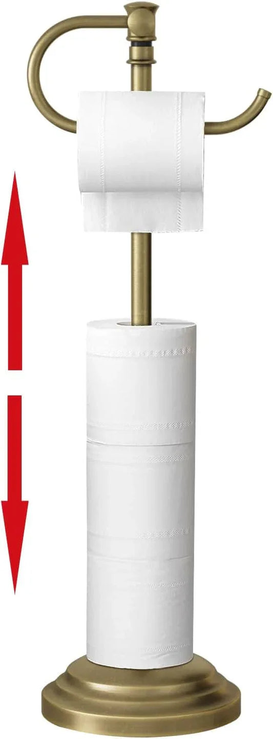 RUMOSE Toilet Paper Holder Stand for Floor,Antique Brass Adjustable (12.4" to 22.8") Bathroom Toilet Tissue Holder, Free Standing Paper Roll Holder with Storage, Stainless Steel - ModernBath