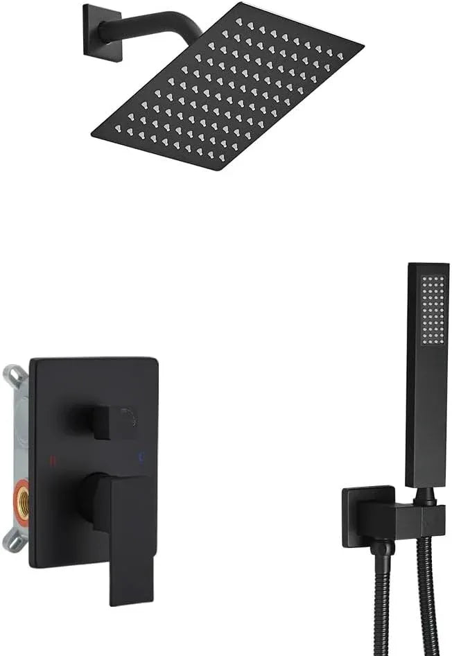 JingGang Matte Black Shower System Bathroom Rainfall Shower Faucet Set Complete Wall Mounted 6 Inch Shower Head and Handle Set with Rough-in Valve Body and Trim Kit - ModernBath