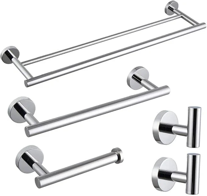 5-Pieces Set Bathroom Hardware Set Polished Stainless Steel Wall Mounted - Includes 24" Double Towel Bar, 12" Hand Towel Bar, Toilet Paper Holder, 2X Robe Towel Hooks, Bathroom Accessories Kit - ModernBath