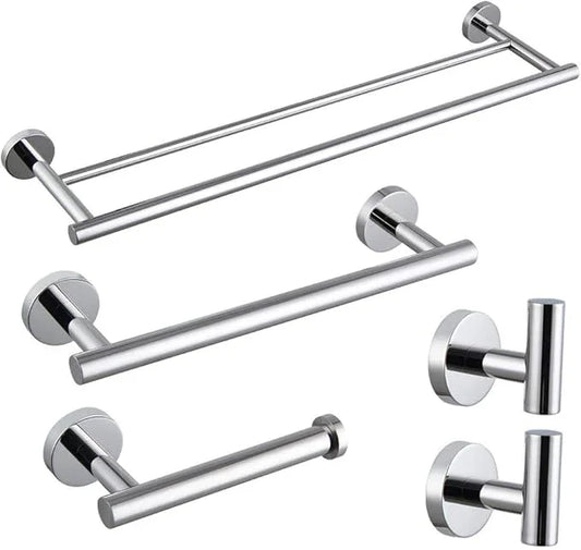 5-Pieces Set Bathroom Hardware Set Polished Stainless Steel Wall Mounted - Includes 24" Double Towel Bar, 12" Hand Towel Bar, Toilet Paper Holder, 2X Robe Towel Hooks, Bathroom Accessories Kit - ModernBath