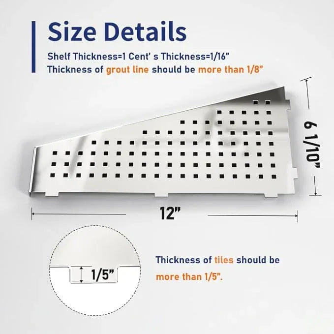 Corner Shower Shelf 12" Polished 304 Stainless Steel Recessed Trapezoid Grout in Shelves with Grid Design Bathroom Shelf Racks for Tiled Wall, 2 Pack - ModernBath