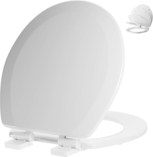Round Toilet Seat Angol Shiold Quiet-Close Molded Wood Toilet Seat with Non-Slip Adjustable Hinges, Anti-Pinch Bumpers, Easy Install & Clean（White, Round 16.5''）