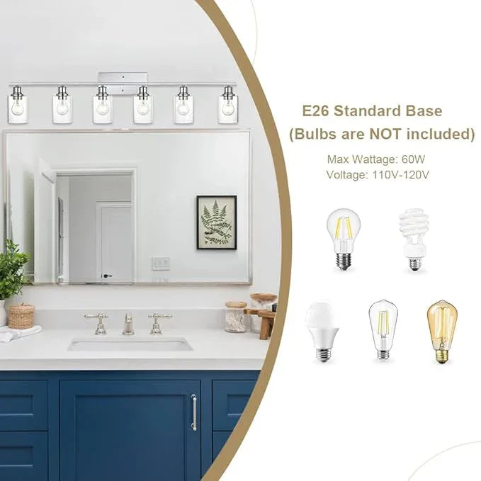 VINLUZ 6 Lights Bathroom Vanity Light in Chrome Finish with Clear Cylinder Glass Shade Industrial Wall Light Fixtures Over Mirror for Dressing Table Bedroom - ModernBath