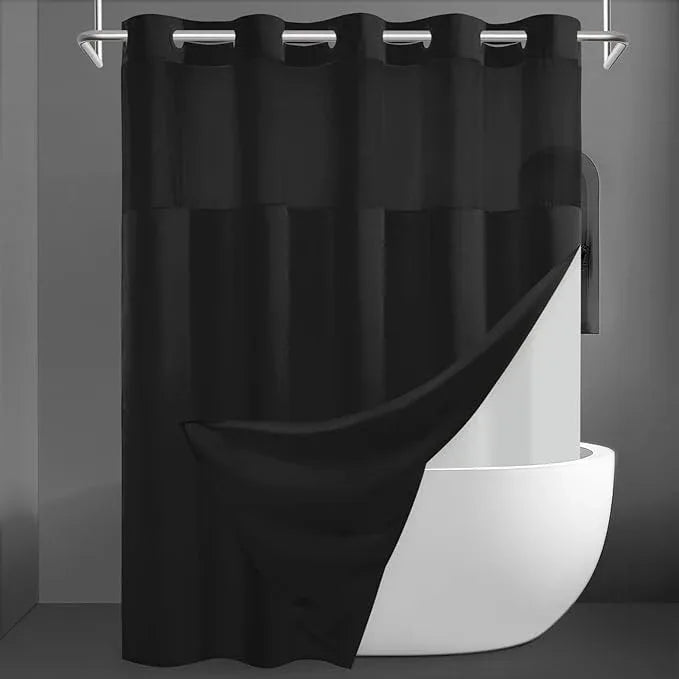 SORTTO No Hook Slub Textured Shower Curtain with Snap in Liner - Black Fabric Outer Curtain & Waterproof Inner Liner, Hotel Style with See Through Top Window, 71x74 in - ModernBath