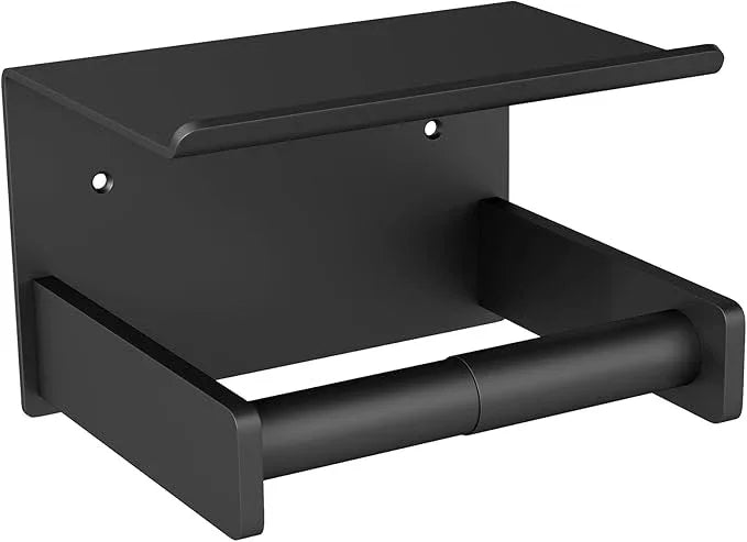 Toilet Paper Holder with Shelf Wall Mount, Self Adhesive or Screw in, Tissue Holder for Bathroom Washroom RV with Spring Rod, Matte Black - ModernBath