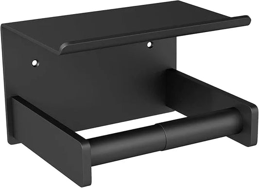 Toilet Paper Holder with Shelf Wall Mount, Self Adhesive or Screw in, Tissue Holder for Bathroom Washroom RV with Spring Rod, Matte Black - ModernBath