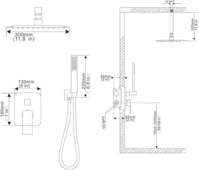 Heable ‎Polished Chrome Shower System Bathroom 12 Inch Rain Shower Head Ceiling Mount with Handheld Luxury High Pressure Shower Combo Set Shower Faucet Rough-in Valve Body and Trim Kit - ModernBath