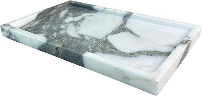OAIQNUJ Natural White Marble Vanity Tray, 9.8"x5.9" Genuine Marble Stone Tray for Bathroom/Kitchen/Dresser (Arabescato) - ModernBath