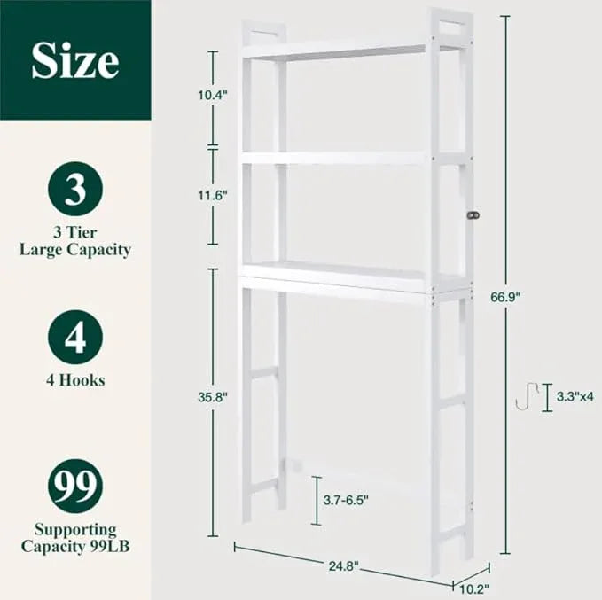 Smiry Over The Toilet Storage Cabinet, 3-Tier Bamboo Bathroom Organizers with Adjustable Shelf & 4 Hooks, Space Saving Shelf Rack for Bathrooms, Laundry Room, Balcony, White - ModernBath