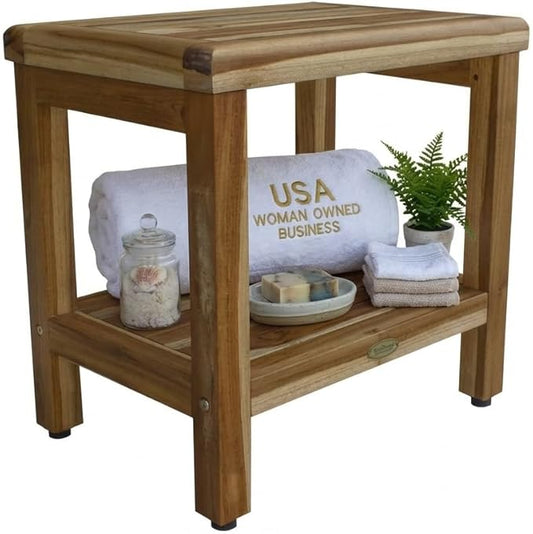EcoDecors Eleganto 18 Inch Natural Color Waterproof Teak Wood Shower Bench Stool Seat Chair For Inside Shower Provides Safety, Storage, and Organization For Bathroom Accessories