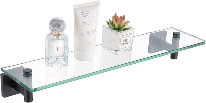 KOKOSIRI Bathroom Shelves Glass Floating Shelf 20-Inch for Bedroom, Living Room, Kitchen, Storage Hanging Rack Rustproof Wall Mounted Black B1105BK-L20 - ModernBath