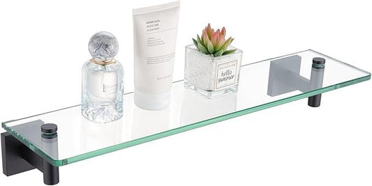 KOKOSIRI Bathroom Shelves Glass Floating Shelf 20-Inch for Bedroom, Living Room, Kitchen, Storage Hanging Rack Rustproof Wall Mounted Black B1105BK-L20 - ModernBath
