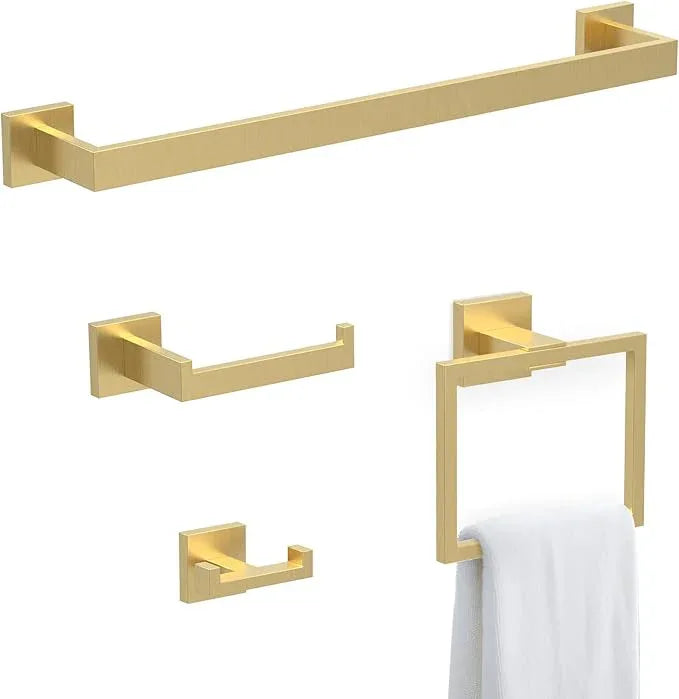BOZWELL 4 Pieces Light Brushed Gold Stainless Steel Towel Bar Set, 23.6 inch Square Bathroom Hardware Accessories Set,Wall Mounted Towel Racks for Bathroom - ModernBath