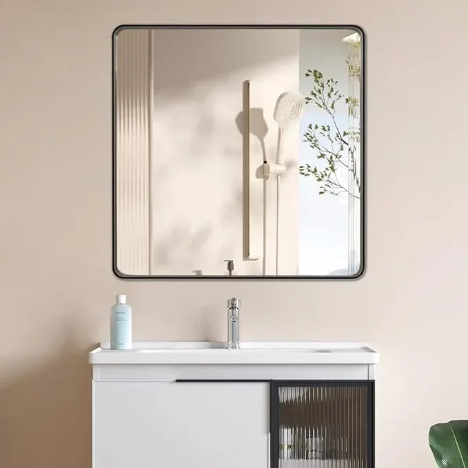 miroro Black 36x36 Inch Metal Framed Mirror for Wall, Large Rounded Rectangle Mirror, Anti-Rust, Tempered Glass, Hangs Horizontally or Vertically - ModernBath