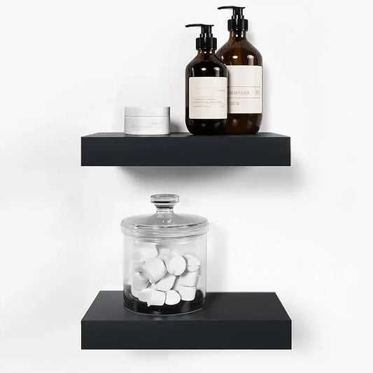 Homeforia Floating Shelf Black 12 inch, High End Solid Real Wood Small 12inch Floating Shelves for Wall Mounted, Black Wooden 12 in Floating Shelves, Heavy Duty Bracket, 12 X 6.5 X 1.75 inch, Set of 4 - ModernBath