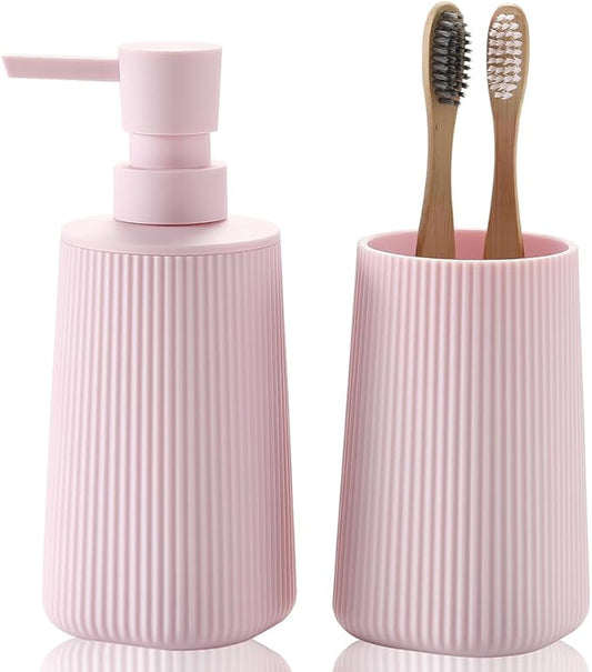 YAUKPH Bathroom Accessories 2 Piece Soap Dispenser and Toothbrush Holder Set Striped Light Pink