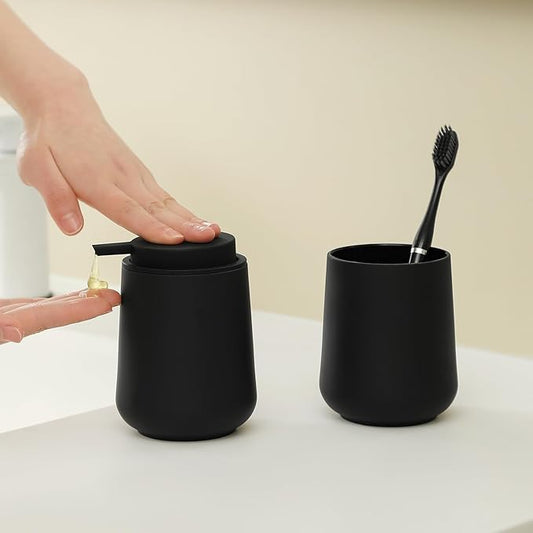 YAUKPH Matte Black Bathroom Accessories 2 Piece Set Plastic Soap Dispenser and Toothbrush Holder for Modern Bathroom Decor