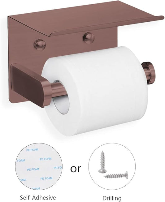VAEHOLD Self Adhesive Toilet Paper Holder with Phone Shelf Stainless Steel Wall Mounted Toilet Paper Roll Holder - Rustproof and Bathroom Washroom Tissue Roll Holder with Shelf - Red Copper