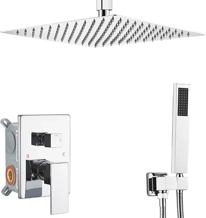 Heable ‎Polished Chrome Shower System Bathroom 12 Inch Rain Shower Head Ceiling Mount with Handheld Luxury High Pressure Shower Combo Set Shower Faucet Rough-in Valve Body and Trim Kit - ModernBath