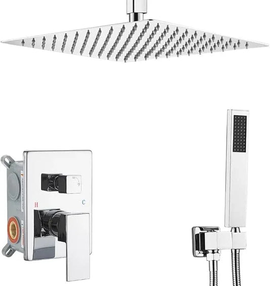 Heable ‎Polished Chrome Shower System Bathroom 12 Inch Rain Shower Head Ceiling Mount with Handheld Luxury High Pressure Shower Combo Set Shower Faucet Rough-in Valve Body and Trim Kit - ModernBath