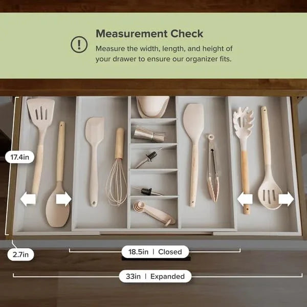 KitchenEdge Adjustable Kitchen Drawer Organizer for Utensils and Junk, Food-Safe Contract Grade with 100% Sustainable Wood, Expandable from 19 to 33 Inches Wide - Gray Bamboo - ModernBath