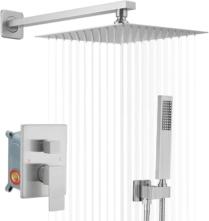 Heable Brushed Nickel Shower System 10 Inches Bathroom Luxury Rain Shower Head with Handheld Combo Set Wall Mounted High Pressure Rainfall Shower Head System Shower Faucet with Valve and Trim Kit - ModernBath