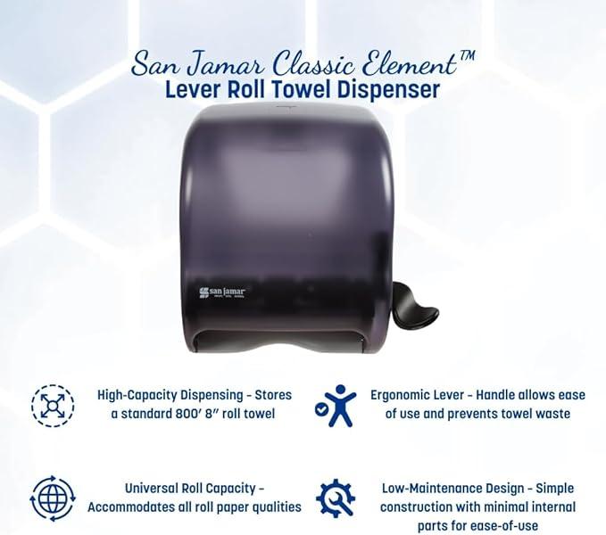 San Jamar Classic Element Paper Towel Dispenser Wall-Mounted Commercial Roll Dispenser, Fits All Core Sizes with Lever for Bathroom, Kitchens, and Restaurants, Plastic, Universal Paper, Black Pearl - ModernBath