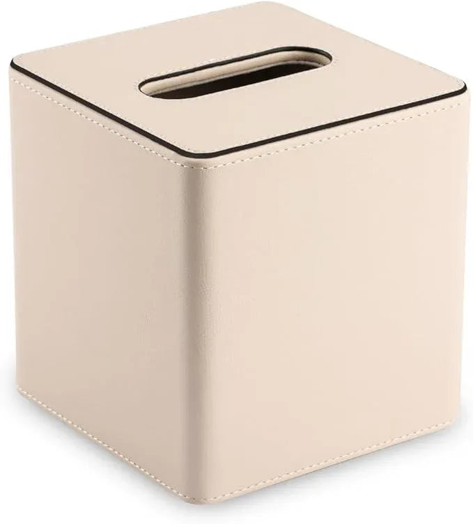 KINGFOM Leather Tissue Box Cover – Square Modern PU Leather Tissue Holder, Cube Tissue Dispenser for Home, Office, Bedroom, Bathroom – Elegant Minimalist Style (Beige-Square) - ModernBath
