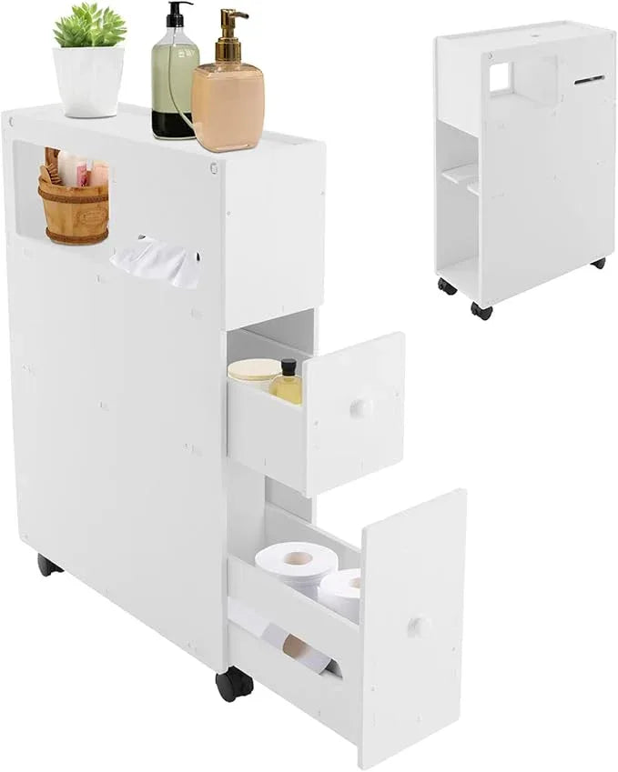 Slim Bathroom Storage Cabinet with Toilet Paper Holder, Small Narrow Floor Cabinet with Drawers & Lockable Wheels, Modern White Bathroom Cabinet Organizer for Tissues, Towels, Toiletries - ModernBath