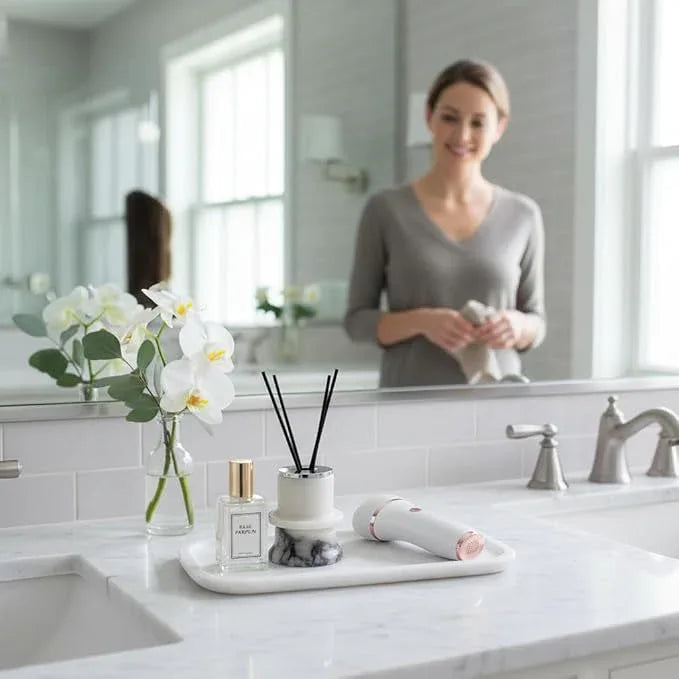 Marmor 100% Natural Marble Bathroom Tray for Perfume, Candles, Jewelry Stone Vanity, Bathroom & Kitchen Counter Organizer and Home Decor (Small White Crystal Tray) - ModernBath
