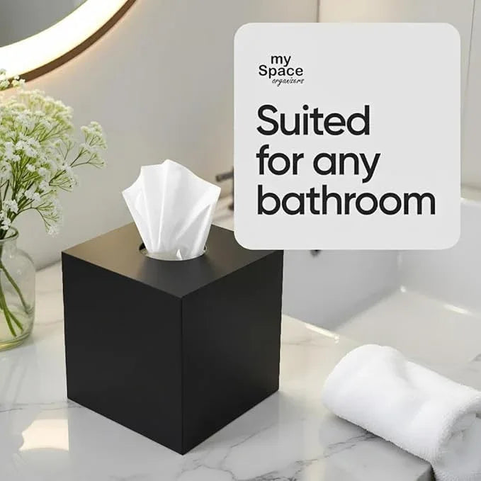 Square Tissue Box Cover | Fits Standard Square Tissue Boxes | Black Tissue Box Holder for Bathroom | Premium Acrylic Tissue Cover | Cube Tissue Holder | 5.3" x 5.3" x 5.5" - ModernBath