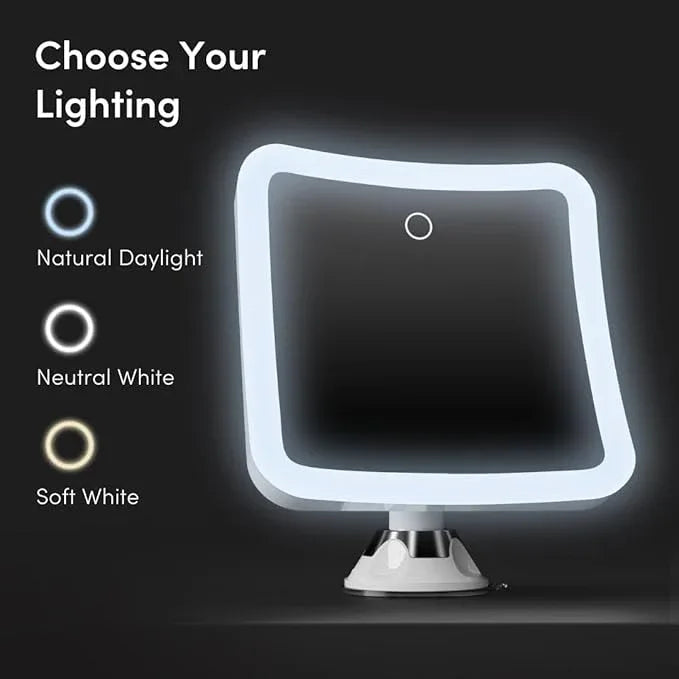 Fancii Rechargeable 10x Magnifying Mirror with 3 LED Light Settings, Dimmable Touch Light, Cordless, Locking Suction Mount, Lighted Mirror for Bathroom or Travel, Mira 2 (White) - ModernBath