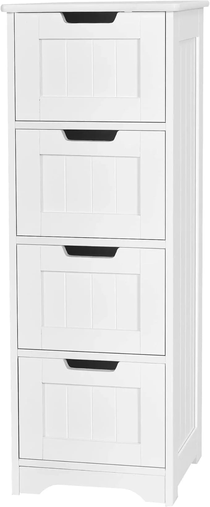 Tangkula Bathroom Floor Cabinet with 4 Drawers, 12 x 12 x 32 Inch, Freestanding Storage for Bath Living Room, Wooden Bathroom Cabinet for Home Office (White) - ModernBath