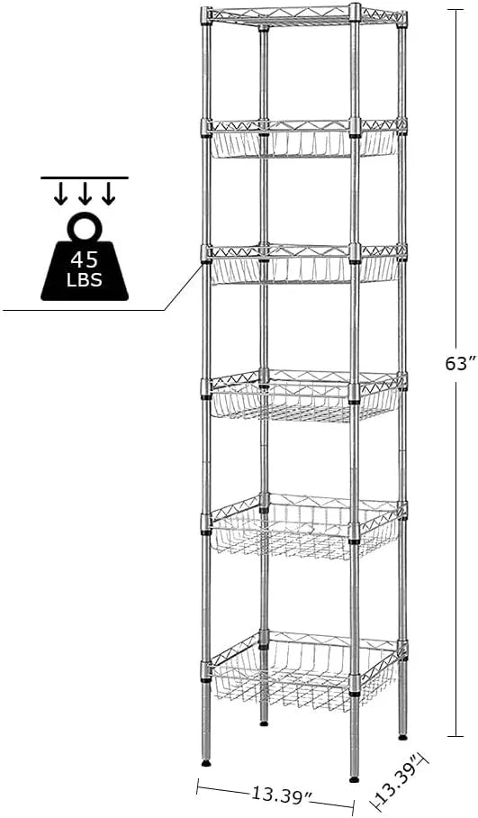 BNSPLY 6 Tier Wire Shelving Unit with Baskets Shelving, Height Adjustable Wire Shelves, Metal Storage Rack for Kitchen, Bathroom, Laundry Closet (13.5" D x 13.5" W x 63" H, Silver) - ModernBath