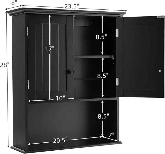 COSTWAY Wall Mounted Bathroom Cabinet, Over The Toilet Storage Cabinet w/Double Doors & Adjustable Shelf, Wood Hanging Medicine Cabinet for Living Room, Entryway, Kitchen (Black) - ModernBath