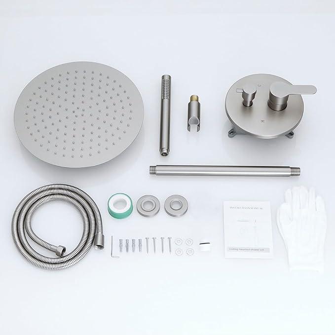 JingGang Brushed Nickel Ceiling Mount Round Rain Shower System with 16 Inch Shower Head and Handheld Bathroom Shower Set Contain Shower Faucet Trim Kit (Mixer Valve Included) - ModernBath