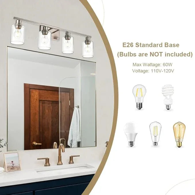 VINLUZ Industrial Brushed Nickel Wall Sconce with Clear Glass Shade and Metal Base,4 Light Bathroom Vanity Lighting Fixture Over Mirror for Dressing Table - ModernBath