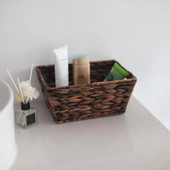 Small Storage Basket, Natural Woven Water Hyacinth Rectangular Organizer Bins with Both-side Handles for Farmhouse, Bathroom, Bedroom. - ModernBath