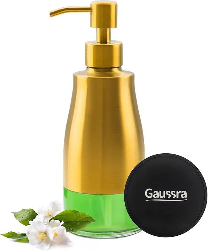 Gaussra Soap Dispenser with Coaster and Stickers, Brushed Gold Stainless Steel Glass Hand Pump Dispenser, Anti Rust Bottle, for Kitchen & Bathroom Detergent Bottle，Refillable Hand Liquid Dispenser - ModernBath