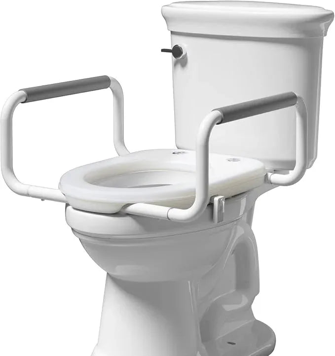 R&T 2" Toilet Seat Riser with Handles – Comfortable Raised Toilet Seat for Seniors, Fits for Elongated Toilets, Elevated Seat with Soft Grey Padded Arms for Bathroom - ModernBath