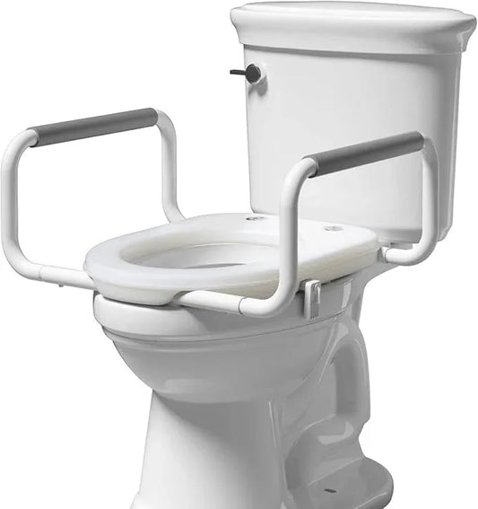 R&T 2" Toilet Seat Riser with Handles – Comfortable Raised Toilet Seat for Seniors, Fits for Elongated Toilets, Elevated Seat with Soft Grey Padded Arms for Bathroom - ModernBath