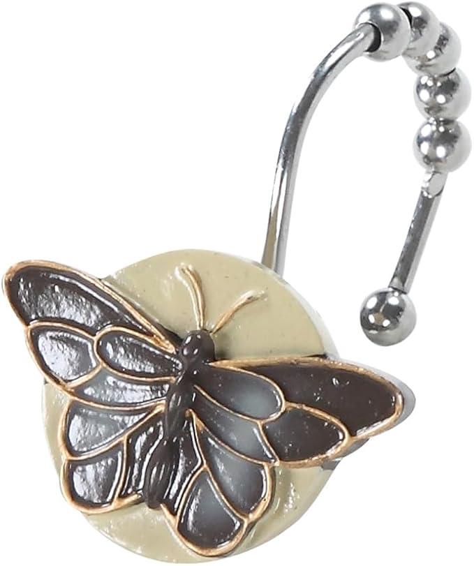 Rustproof Butterfly Shower Curtain Hooks, Vintage Brown Chocolate Bathroom Shower Curtain Hooks, 5 Roller Ring Balls Decorative Shower Hooks for Butterfly Floral Farmhouse Shower Curtain, Set of 12 - ModernBath