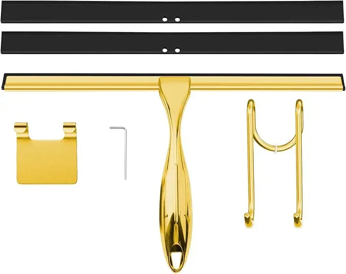 TOOVEM 12 Inch Shower Squeegee for Glass Doors, Window, Bathroom, Car Windshield, Shower Cleaning Tools with S Hook, Square Sticky Hook（Gold） - ModernBath